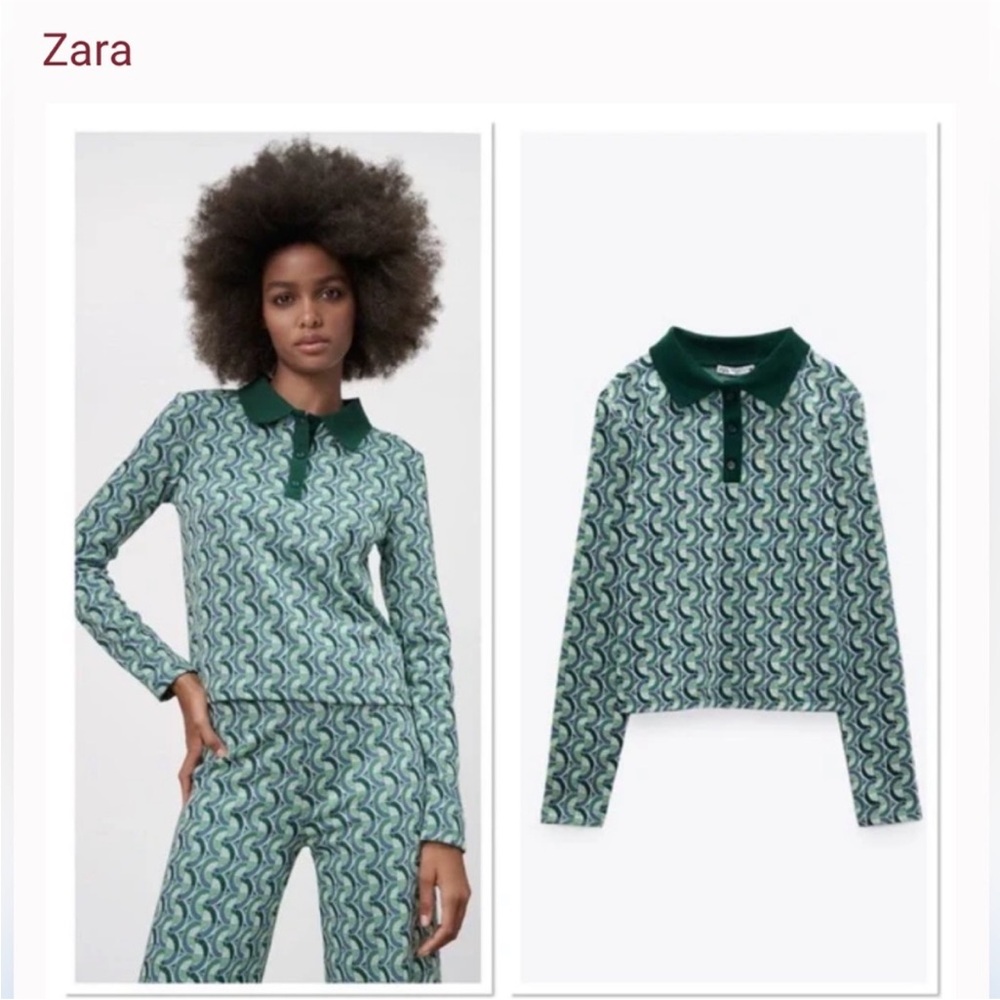 Zara Green Wave Pattern Polo Top